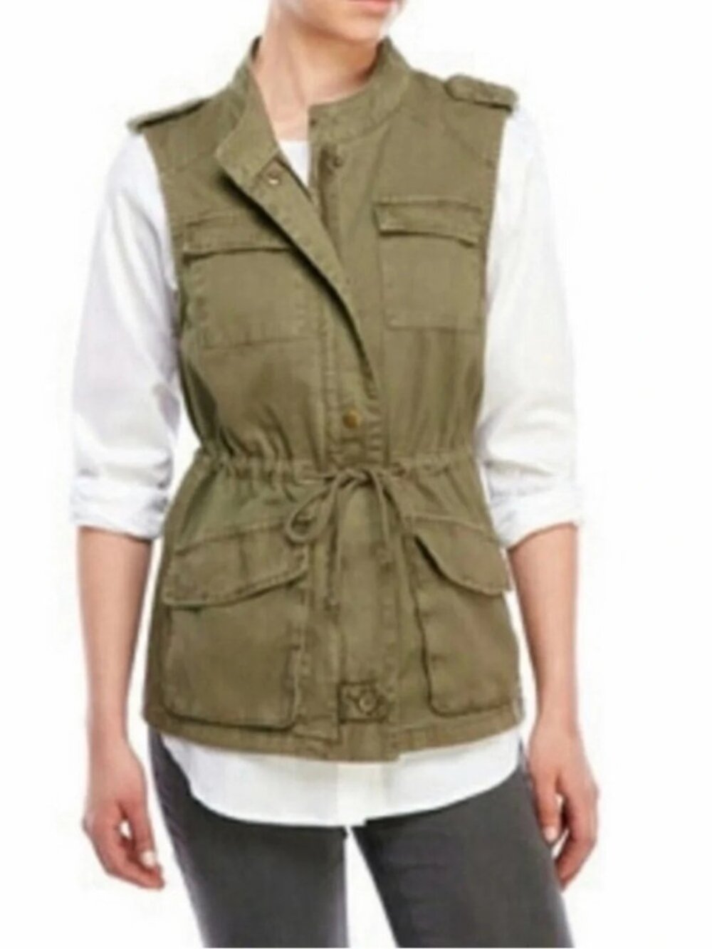 Per Se Utility Vest Small Sleeveless Zip Snap Front Drawstring Olive Gorpcore